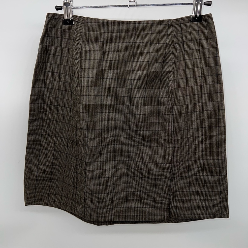 Classic Brown Grey Blue Plaid Slit Short Women's Skirt Small Dark Academia Sexy